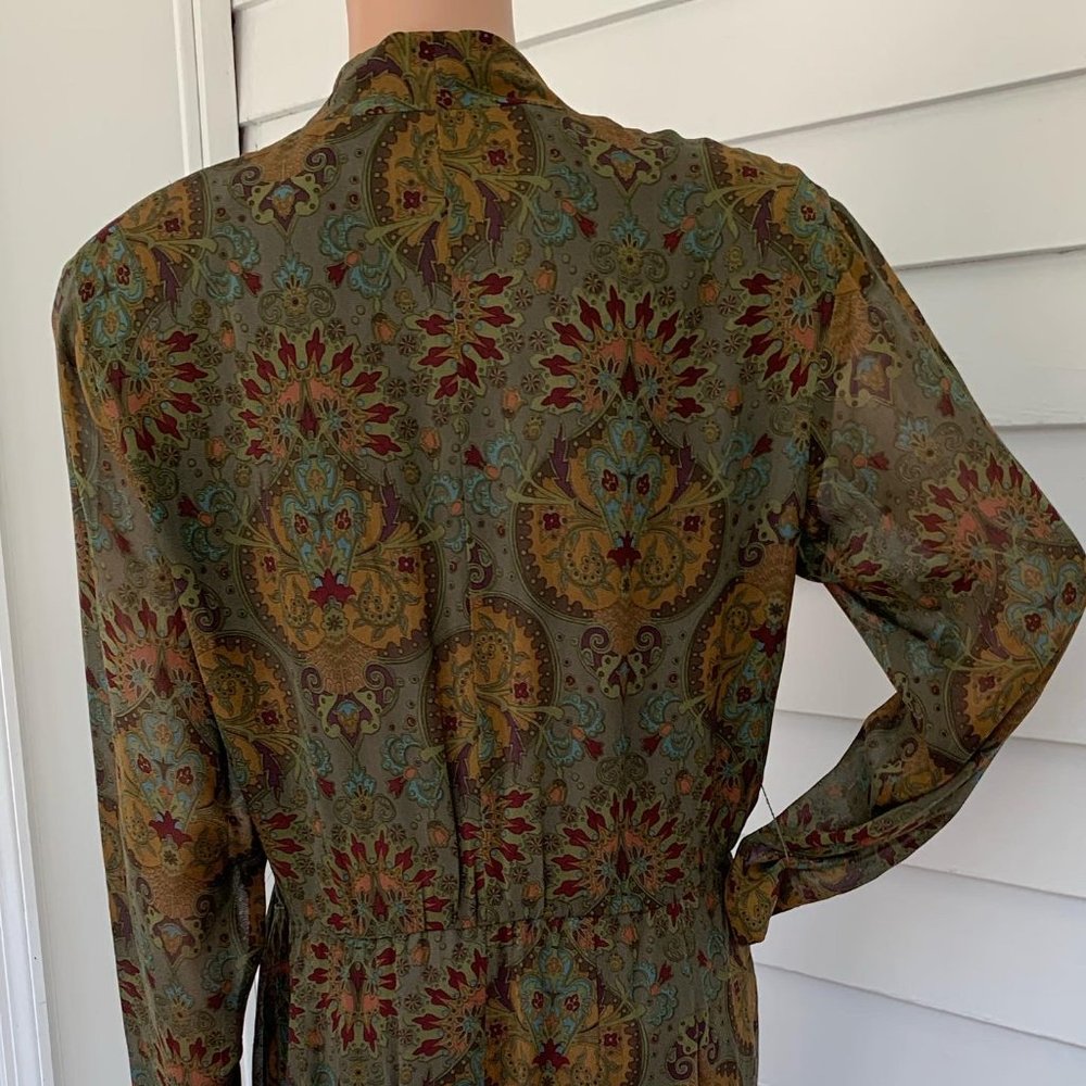 Vintage 80s Olive Green Silk Print Dress 10 Long Sleeve - Picture 4 of 12